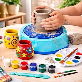 Mini Explorer Pottery Wheel Kit for Kids – DIY Battery Operated Pottery Making and Painting Set with Clay, Sculpting Tools, Arts and Crafts Toy for Boys Girls Age 5+, Creative Activity Gift