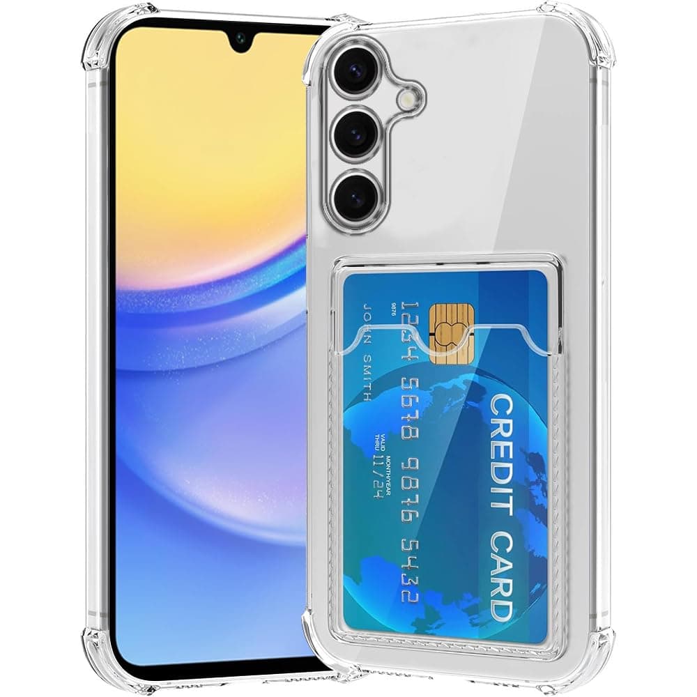 Amazon Basics Premium Shockproof Transparent TPU Back Case Cover with Built-in Slim Card Holder Wallet for Samsung Galaxy A15 4G / A15 5G - Clear
