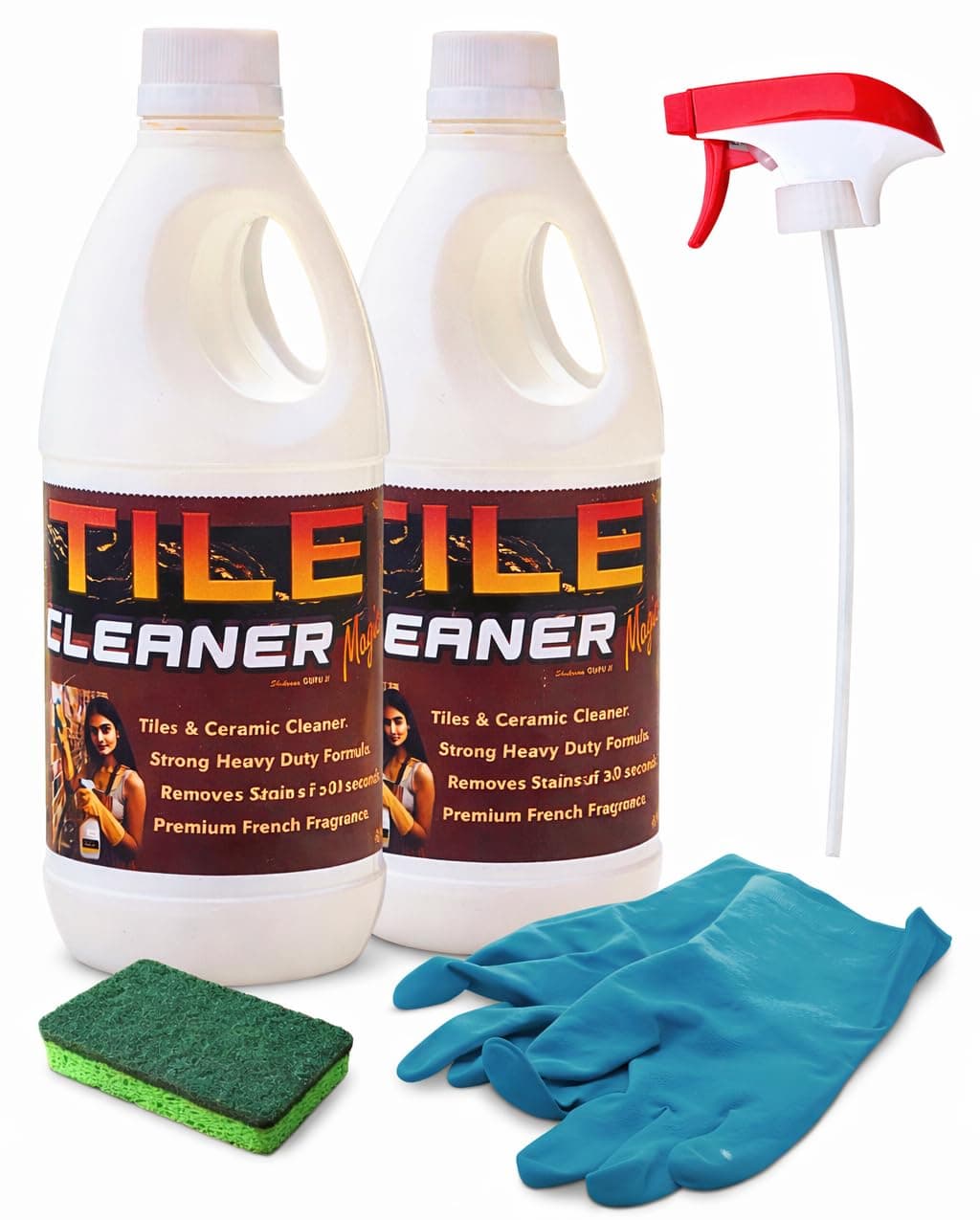Chemwit Tile Cleaner Liquid Strong (Pack of 2 with Spray, Brush & Gloves) - Heavy Duty - Australian Technology for Bathroom Floor & Wall Tiles - Stains Remover for Tiles - Grouts - Ceramics - Cement