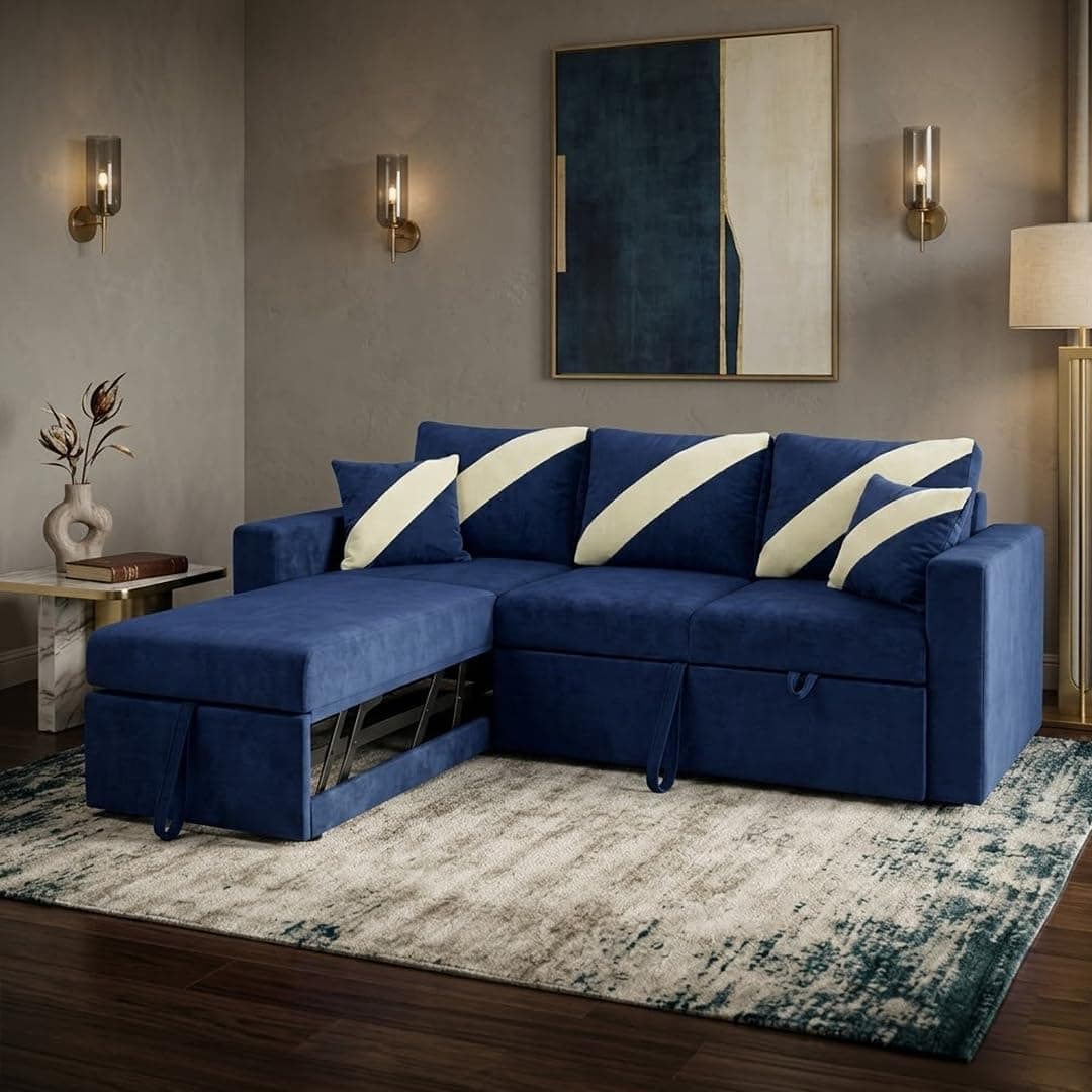 FURNY Trivia 4 Seater LHS Lounger Sofa Cum Bed (Dark Blue) with Pull-Out Function | Luxury Velvet Suede Finish | Durable Comfort | Ideal for Living Room