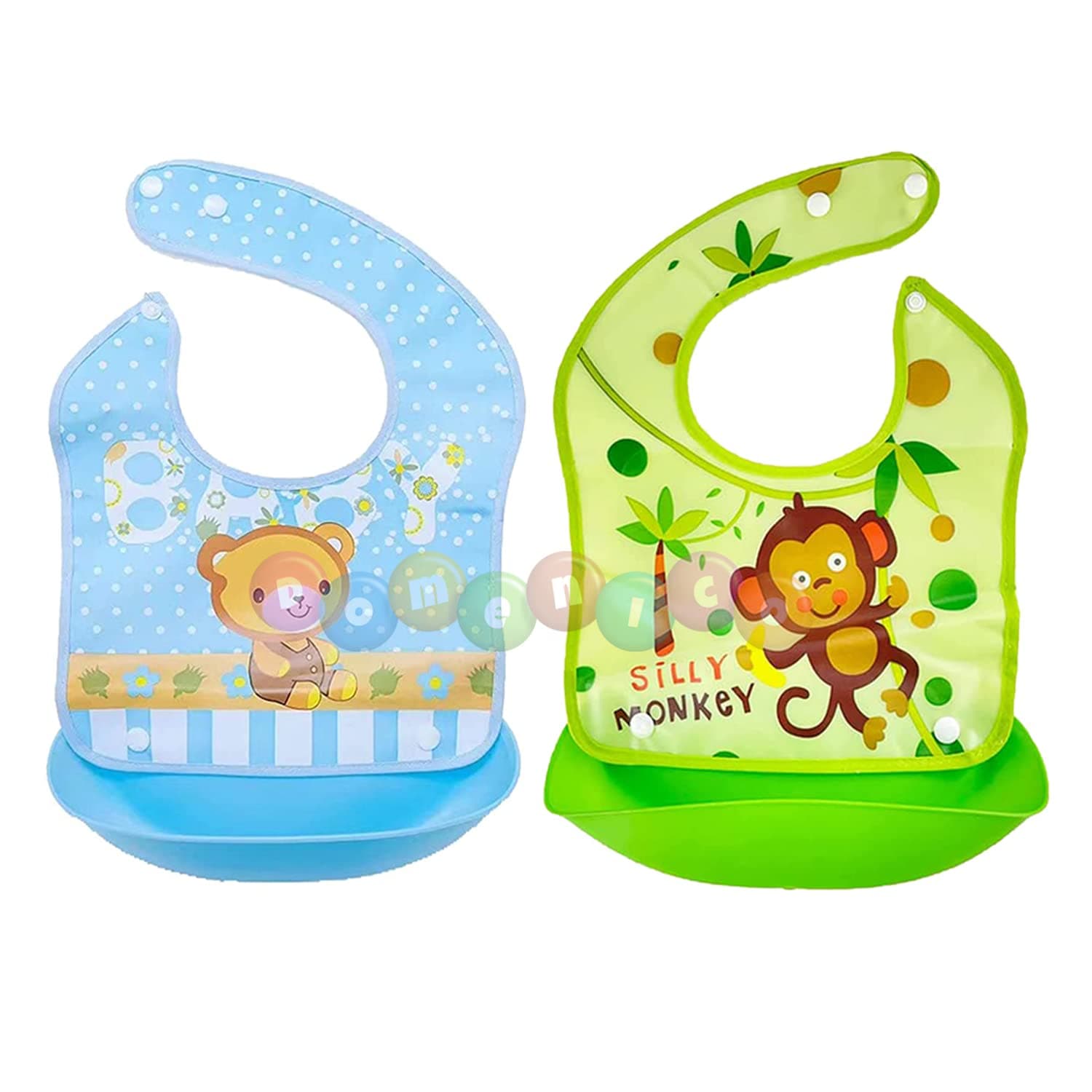 DOMENICO Baby Silicon Bib/Apron for Feeding Infants and Toddlers with Detachable Food Catcher-Multicolor, Waterproof (6 Months to 2 Years)