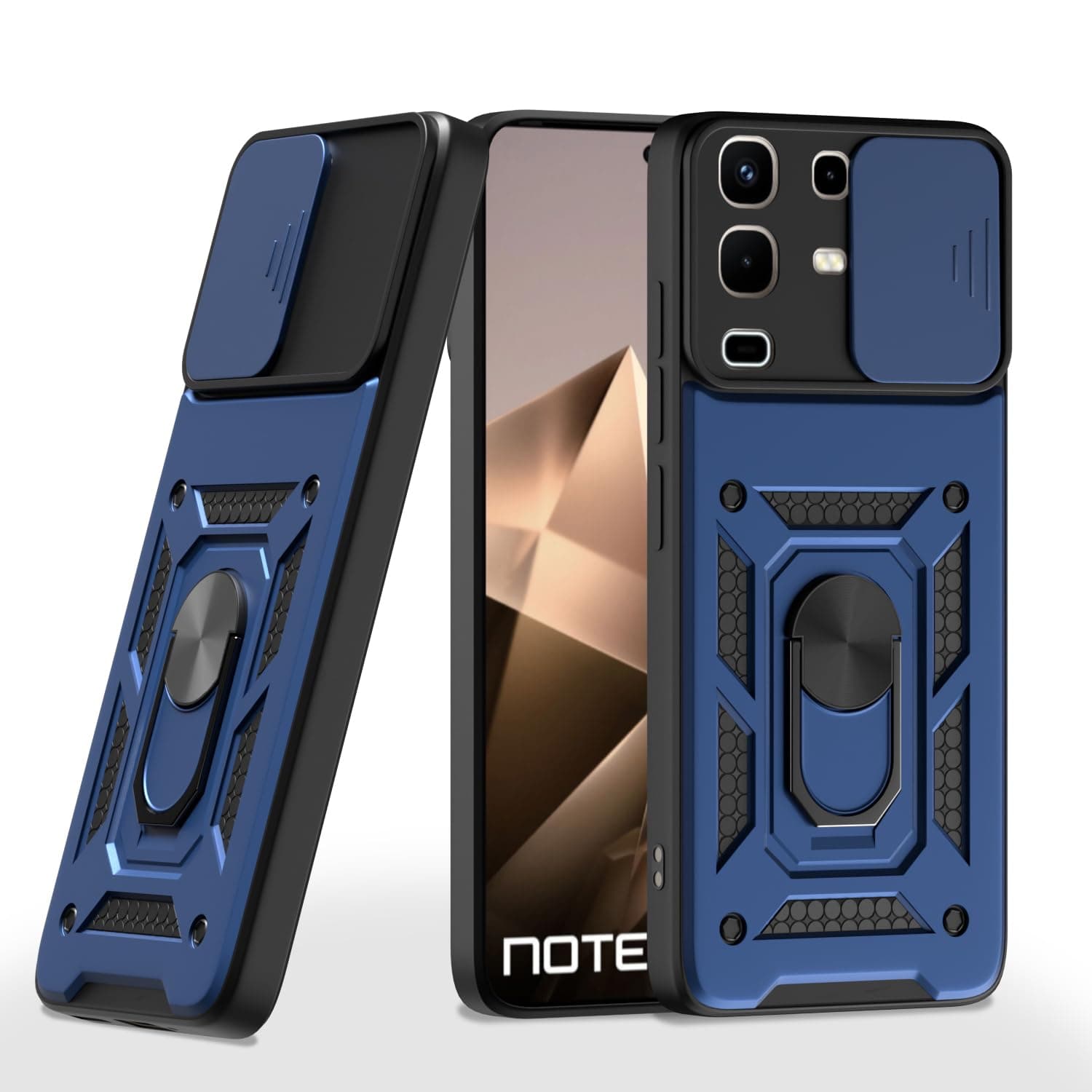 Amazon Basics Back Cover for Infinix Note 50x 5G | 360 Protection Case | Sliding Camera Sheild Cover & Ring Holder Stand D10 Tough Armor Bumper Case (Blue)