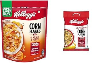 Kellogg's Corn Flakes Real Almond Honey 1kg | High in Iron, Vitamin B1, B2, B3, B6 & C | + Kellogg's Multigrain plus Corn Flakes 450 G | Power of 5 Grains | 6 Vitamins | High Iron | High