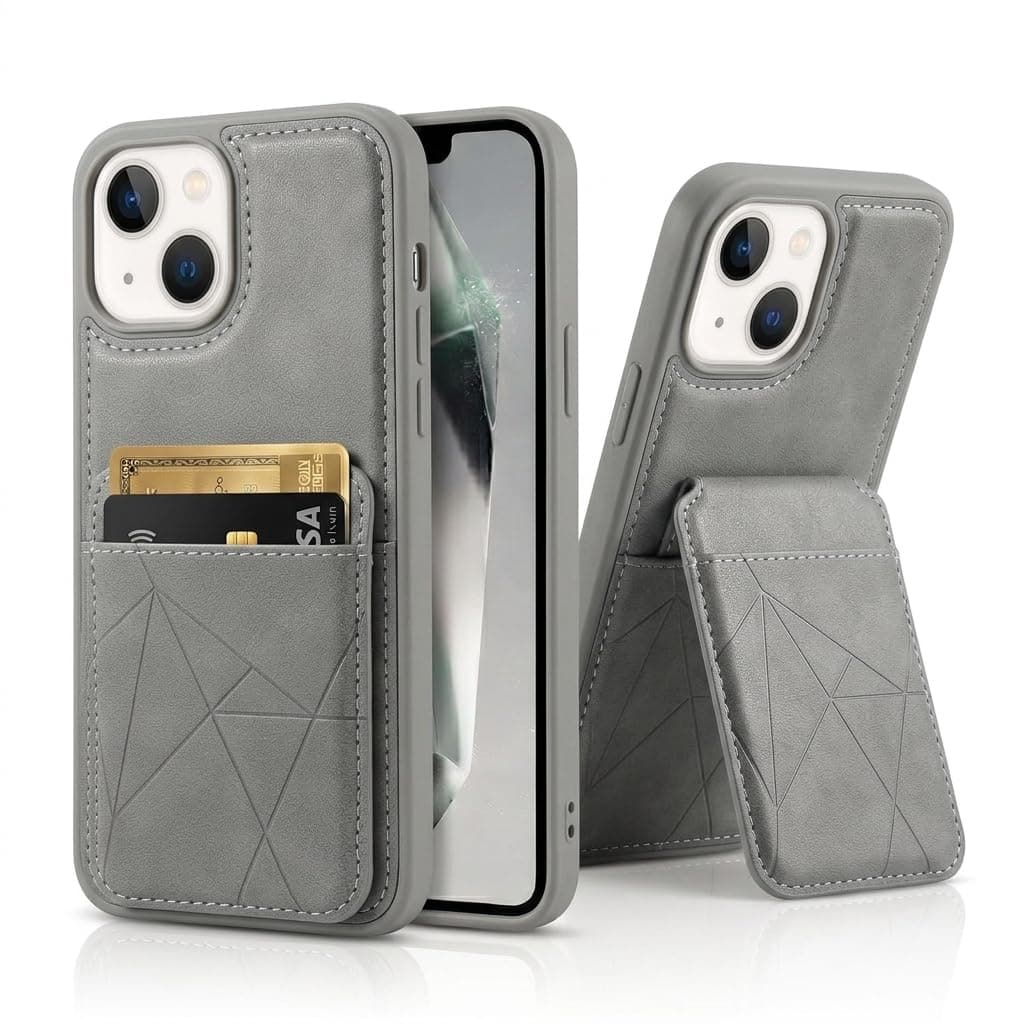 amazon basics Premium Vegan Leather Back Cover with Card Holder and Integrated Mobile Stand for iPhone 14 – Slim Shockproof Wallet Case with Geometric Stitching [Gray]