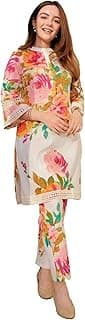 Modestouze Attires Women's Rayon Blend Floral Printed Cord Set with Round Neck 3/4 Sleeves Straight Knee Length and Elastic Waistband Closure Pant