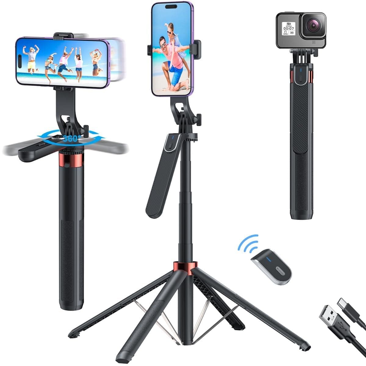 HOLD UP Selfie Stick with Balance Handle & Recharable BT Remote, Stable 4 Leg Design, Selfie Stick with Tripod Stand for 360° Panoramic Shoot, 71" Long, Made for Phones, Ring Light, Gopro, Camera