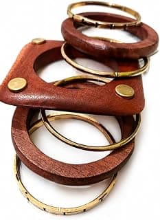 Wooden & Gold-Tone Geometric Bangle Set for Women | Multi-Shape Stackable Fashion Bracelets (Set of 8)