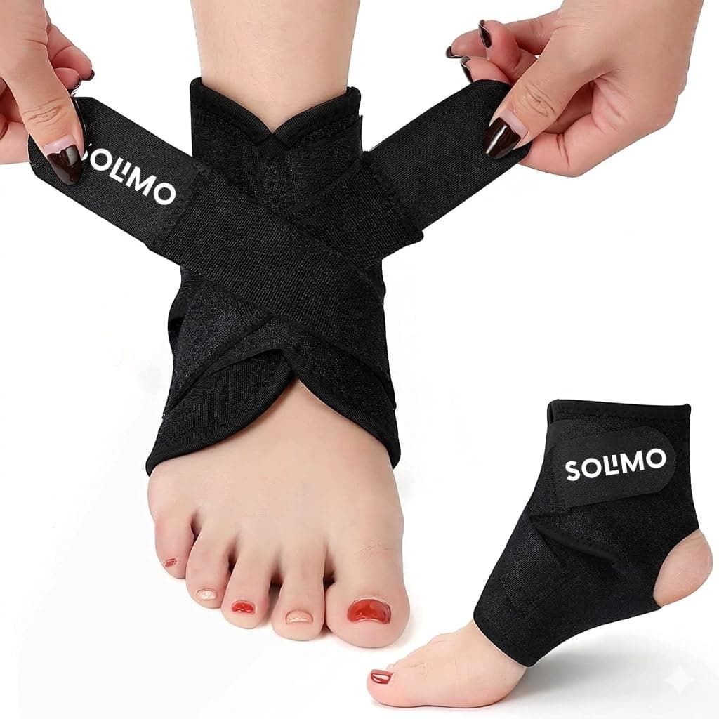Amazon Brand - Solimo Compression Ankle Support Brace for Sprain Recovery, Injury Protection & Joint Stability | Adjustable Support Guard for Men & Women | Black | Pack of 1