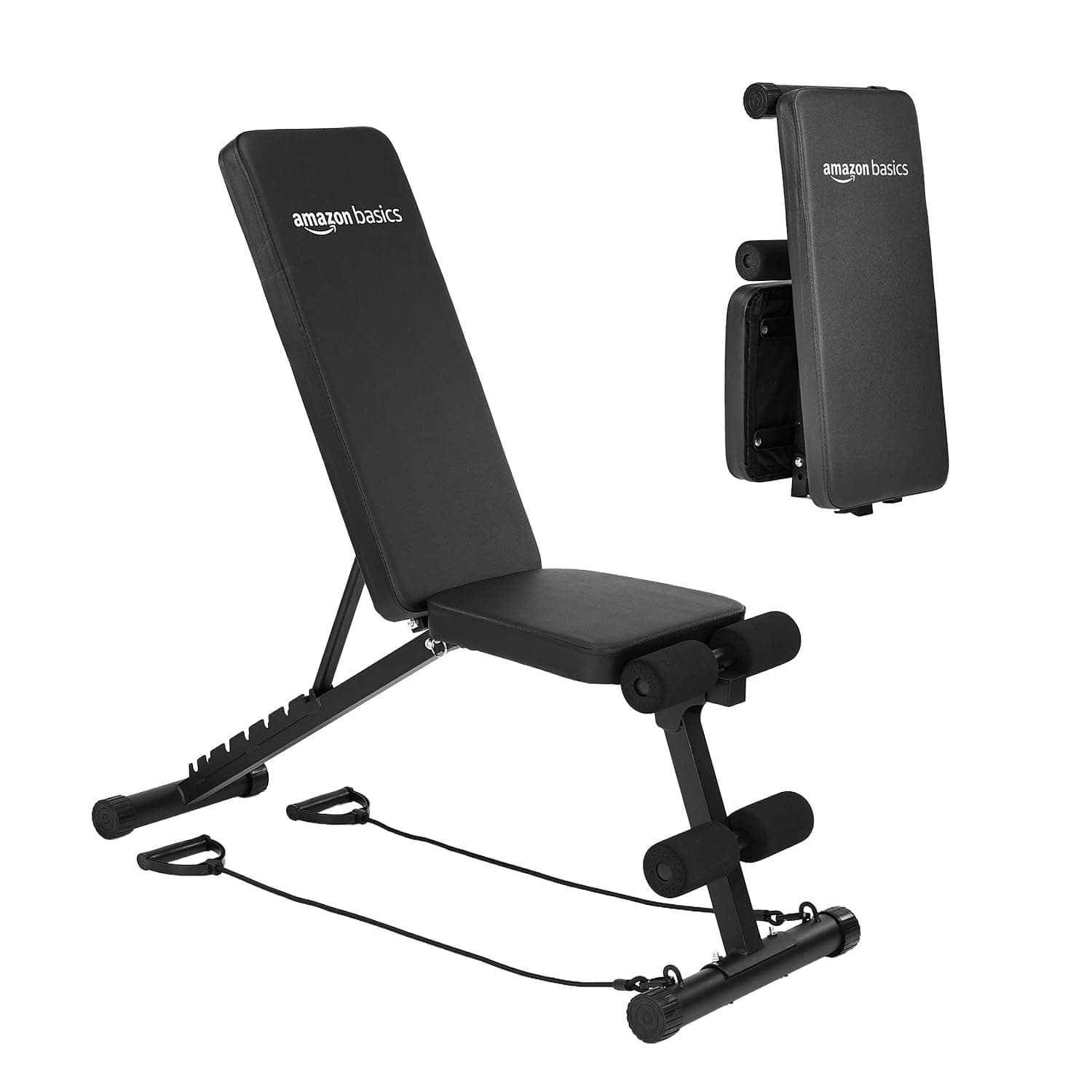 Amazon Basics 7-Level Adjustable & Foldable Gym Bench | Incline, Decline & Flat Bench with Resistance Ropes, Leg Support | for Home & Gym Workout | 350kg Load Capacity | Alloy Steel Frame | Black