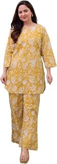 MEERA FAB Women Printed V-Neck Pure Cotton Tunic with Trousers Co-Ords Set