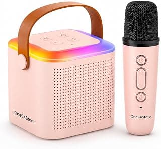 One94Store Portable Bluetooth Speaker 10W with Wireless Karaoke Mic, Bluetooth 5.1, 8H Playtime, 5 Voice Change Effects, RGB LED Lights, TF Card Support, Type-C Charging - Pink