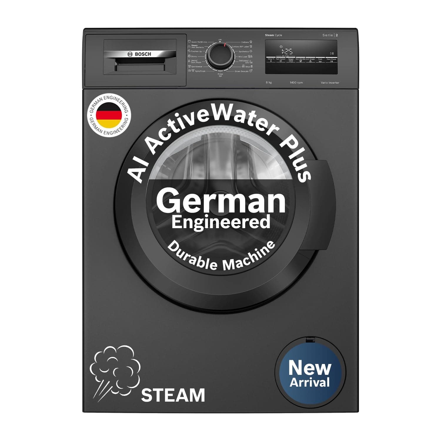 Bosch 8 kg 5 Star Front Load Fully-Automatic Washing Machine, AI ActiveWater,15 Wash Programs, Removes 99.9% Germs with Steam, No Tangle or Wrinkle, Zero Vibration, Black/Grey, WAJ2826CIN