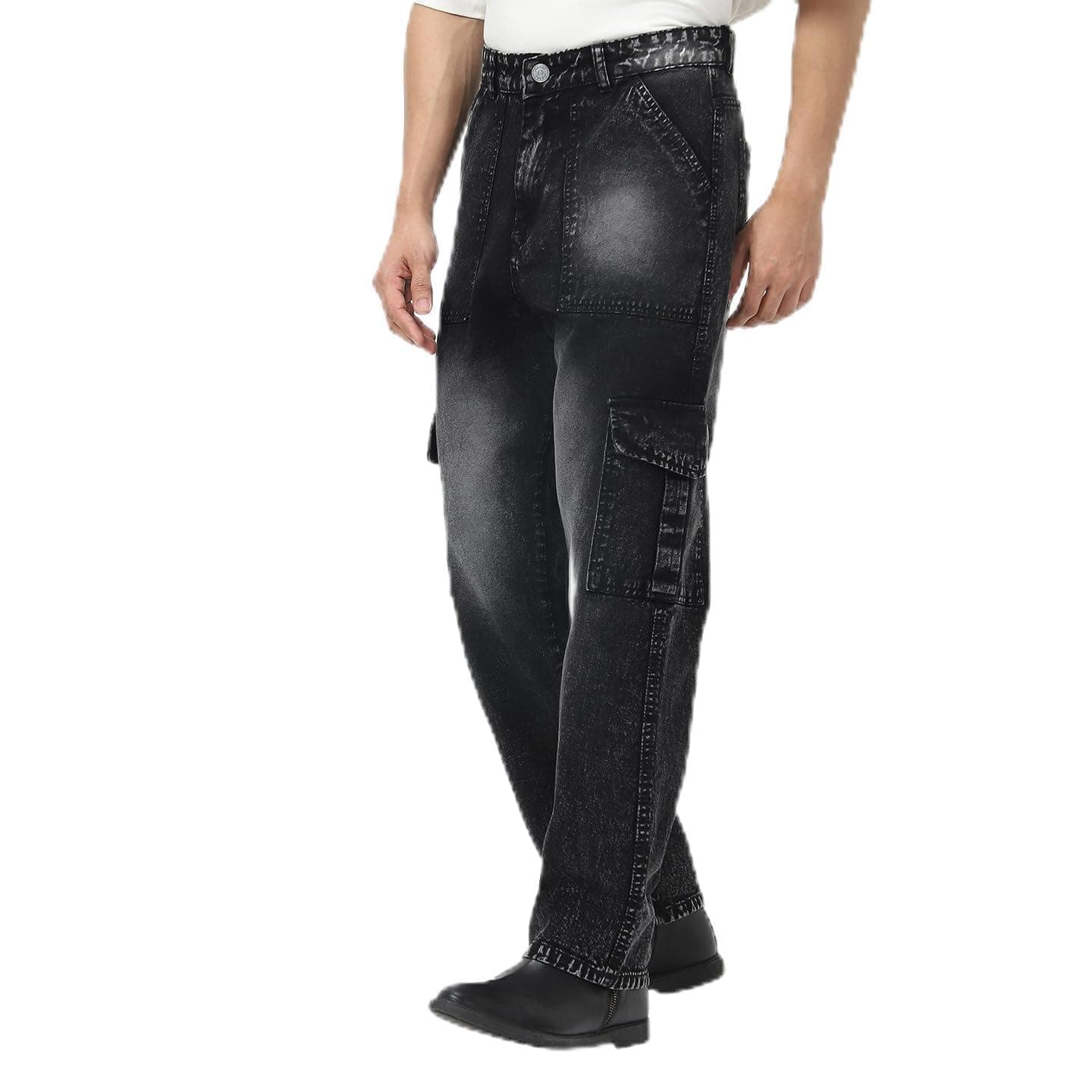 Urbano Fashion Men's Loose Mid Rise Baggy Fit Washed Cargo Jeans with 6 Pockets Non-Stretchable