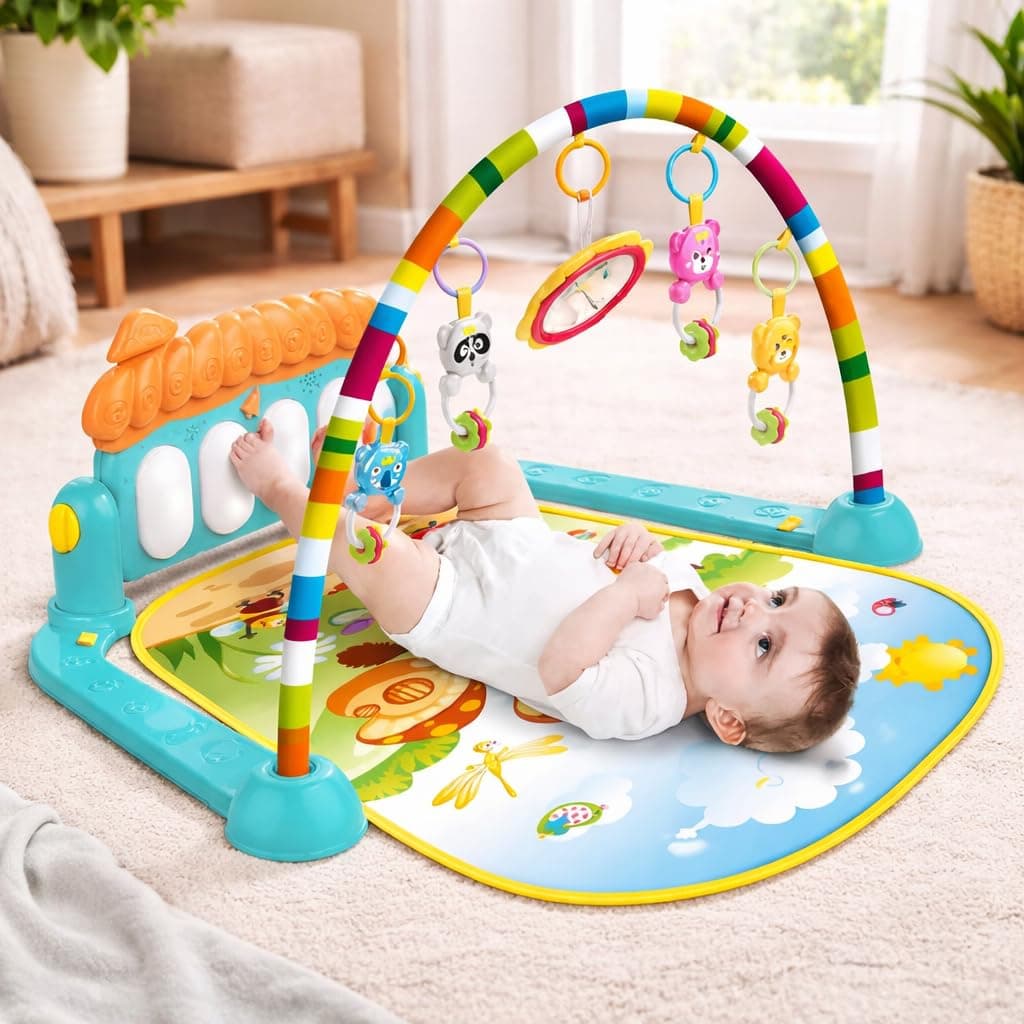 MiniExplorer Play Mat for Babies 0-12 Months | Play Gym for Babies 0-12 Months with Kick & Play Piano | Baby Play Mat 0-2 Years | Newborn Toys 0-6 Months | Baby Gym Mat with Hanging Toys