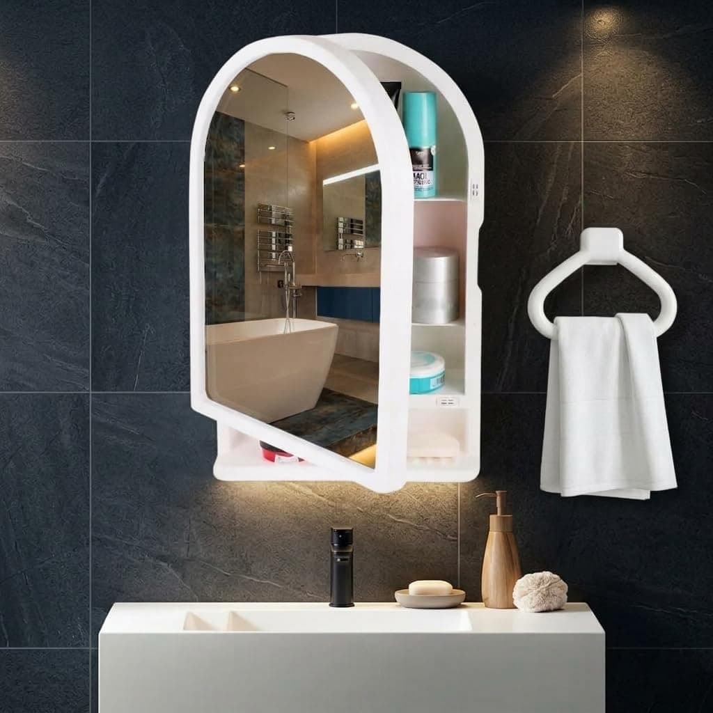 CIPLA PLAST Plastic Ideal Mirror Cabinet | Multipurpose Cabinet | Wall Mounted Hanging Mirror Bathroom Accessories | Mirror Cabinet for Living Room, Bathroom, Bedroom | Wth Towel Ring | White