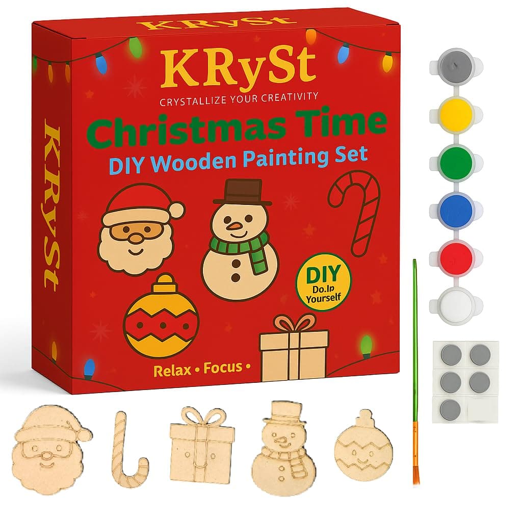 KRySt Christmas Time - Santa Surprise DIY Wooden Painting Kit for Kids 5+ | Fridge Magnet Craft Kit | Art & Craft Set with MDF Cutouts, Paints, Brush, Magnets and Glue Dots | Creative DIY Activity Kit (Christmas Time Theme)