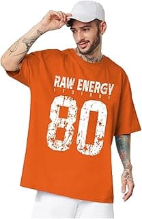 LEOTUDE Men Half Sleeve Round Neck Graphic Font Printed Cottonblend Oversized Tshirts (Colour: Orange)