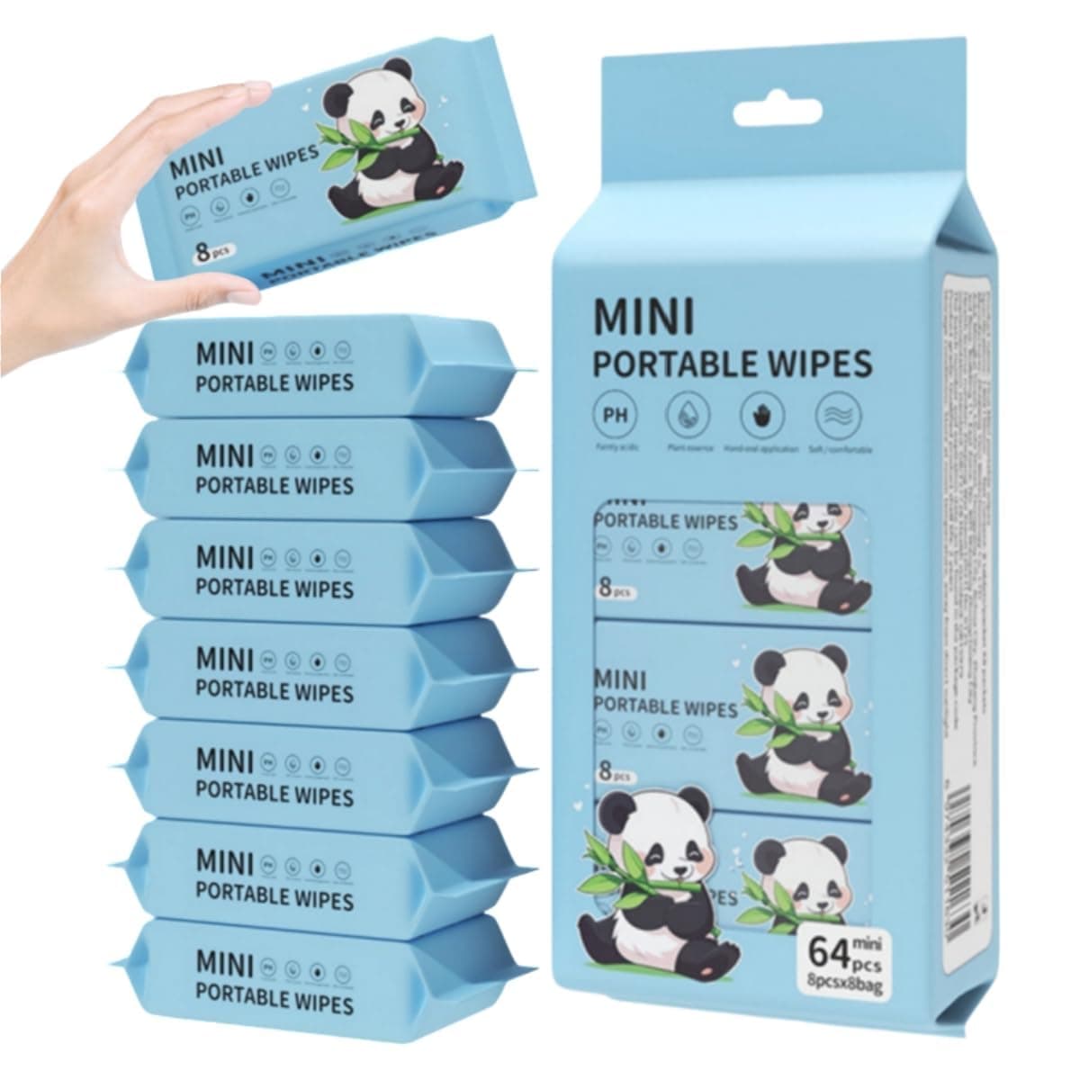 ULTRINA 64 Wipes Mini Wet Wipes For Kids & Adult | Disposable Pocket Water Tissue | Alcohol & Fragrance Free | Skin Care Safe Baby & Adult | Travel Hand & Face Wipes Baby Sanitizing Cleansing/Moisturising Wipes.