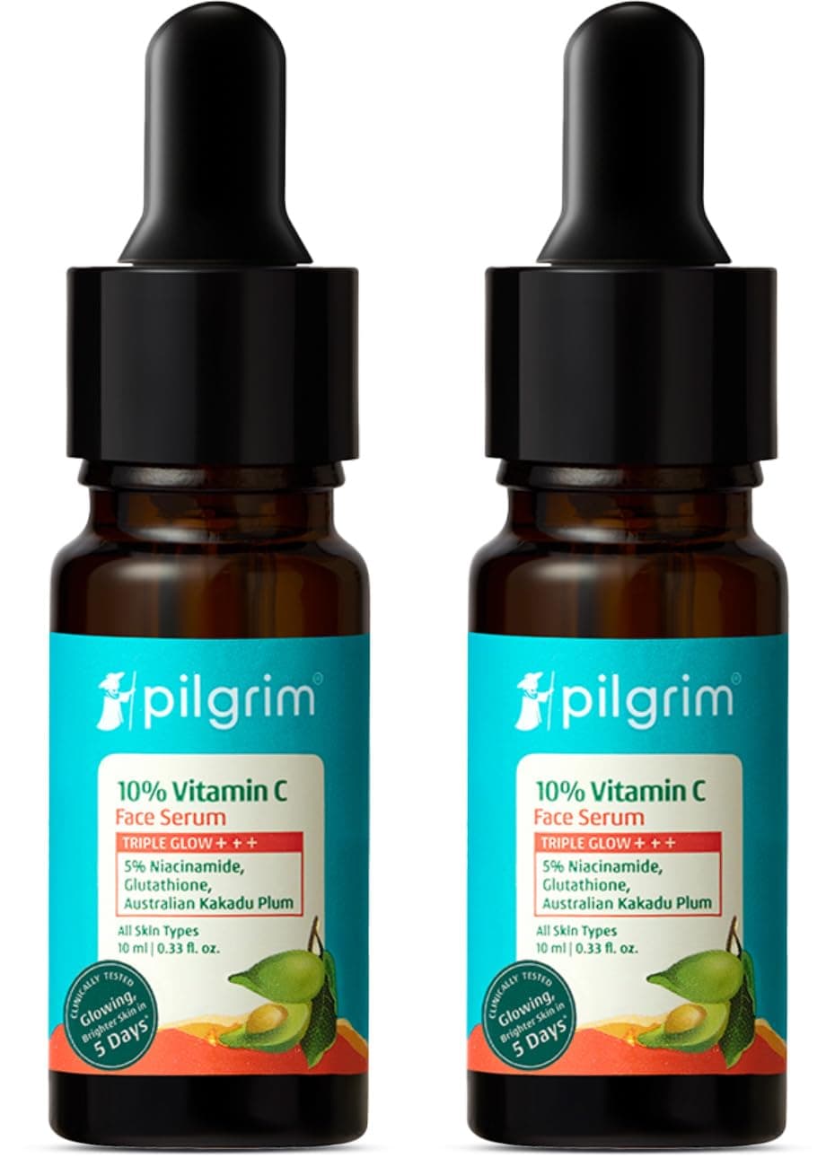 Pilgrim 10% Vitamin C Face Serum 10 ml (Pack of 2) for Glowing Skin with Niacinamide | Reduces Dark Spots & Evens Skin Tone | For Oily, Combination, Normal Skin Types | Skin Brightening Serum for Men & Women