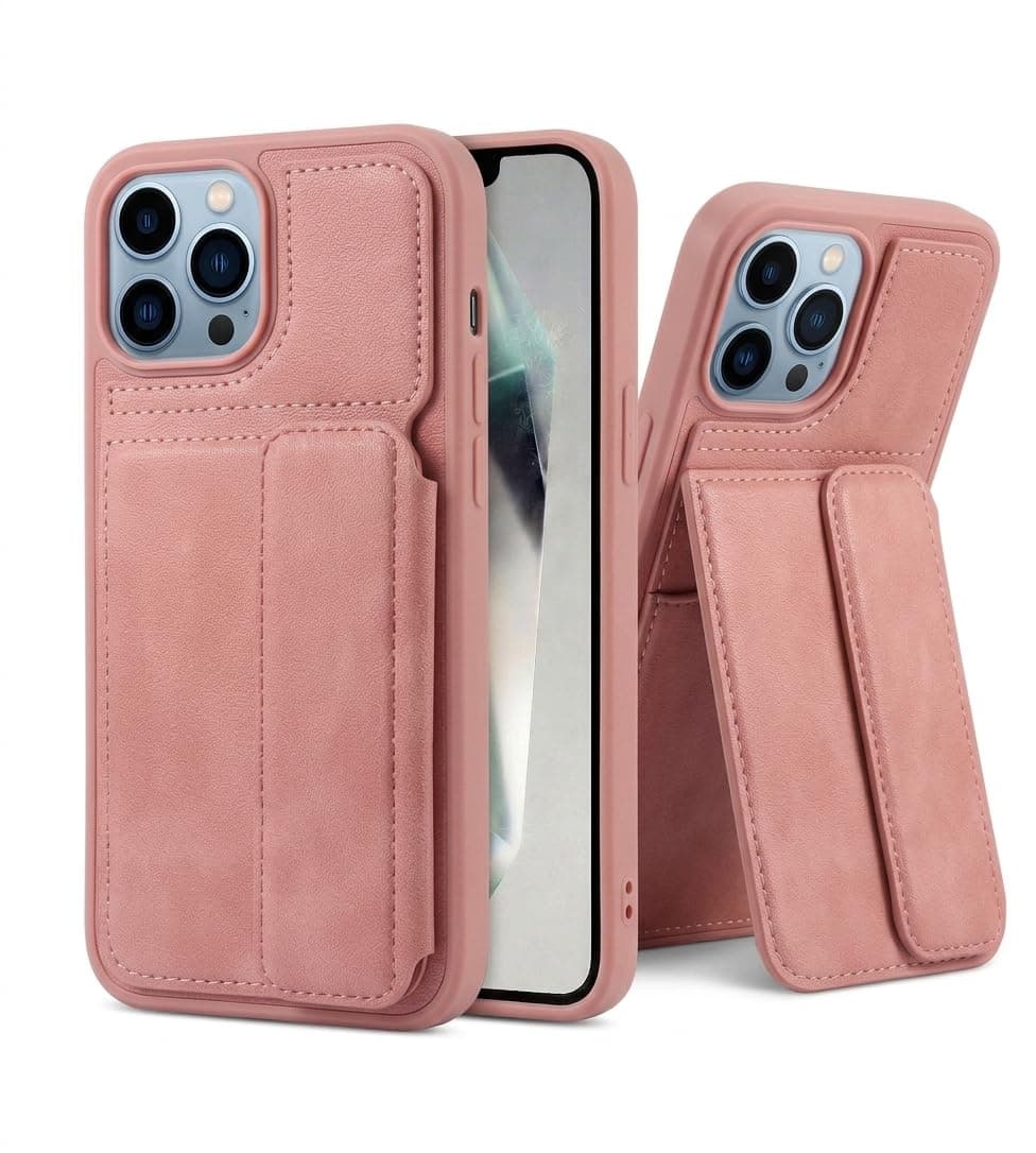 amazon basics Luxury Vegan Leather Back Cover for iPhone 15 Pro | Built-in Card Holder Slot | Integrated Mobile Stand | Slim Shockproof Protective Case with Stitched Finish - Pink