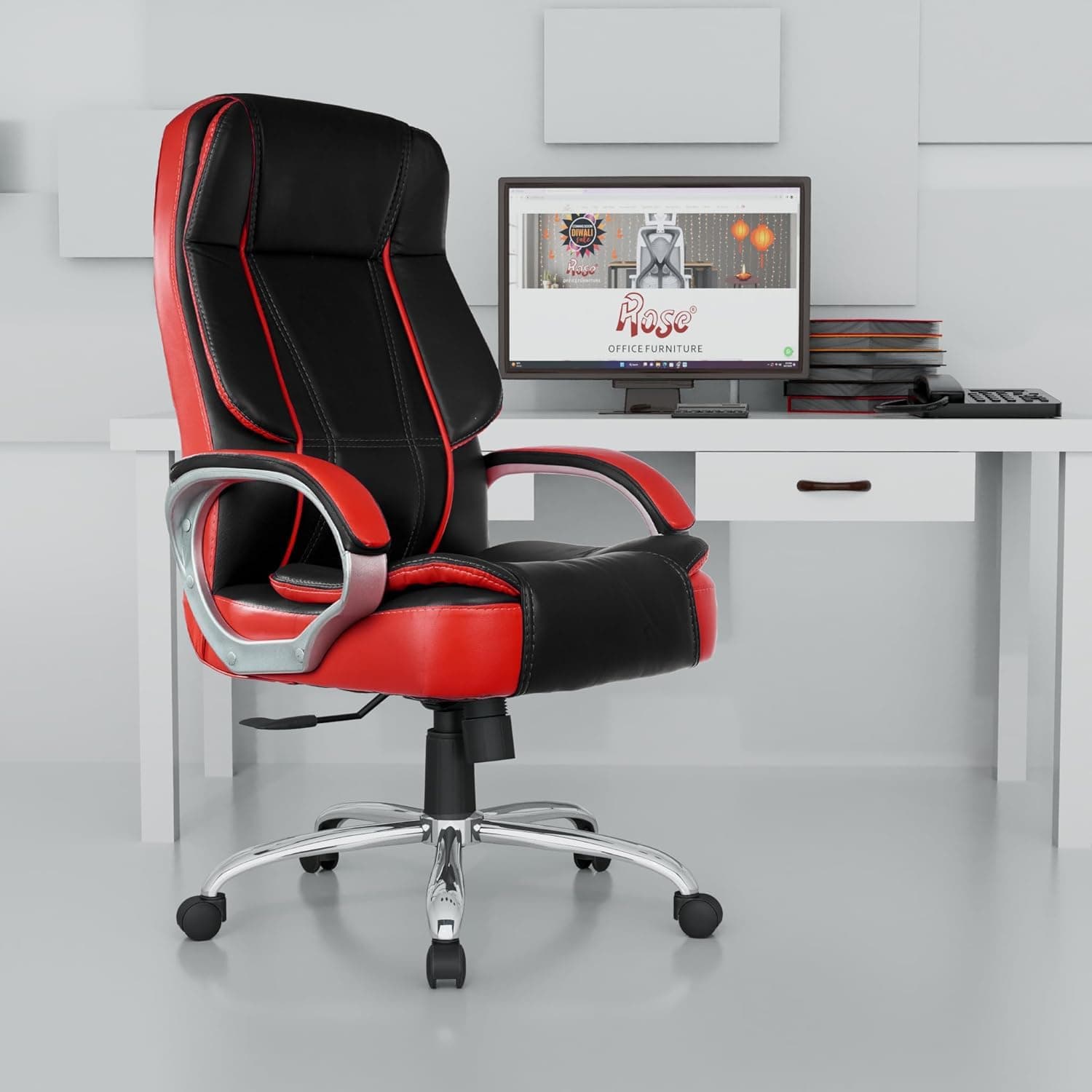 ROSE® SpaceX | 3 Years Brand Warranty | High Back Leatherette Executive Office Chair with Cushion, Armrest & Adjustable Height | Comfortable Swivel Boss Chair for Doctor, Manager & WFH (Black & Red)