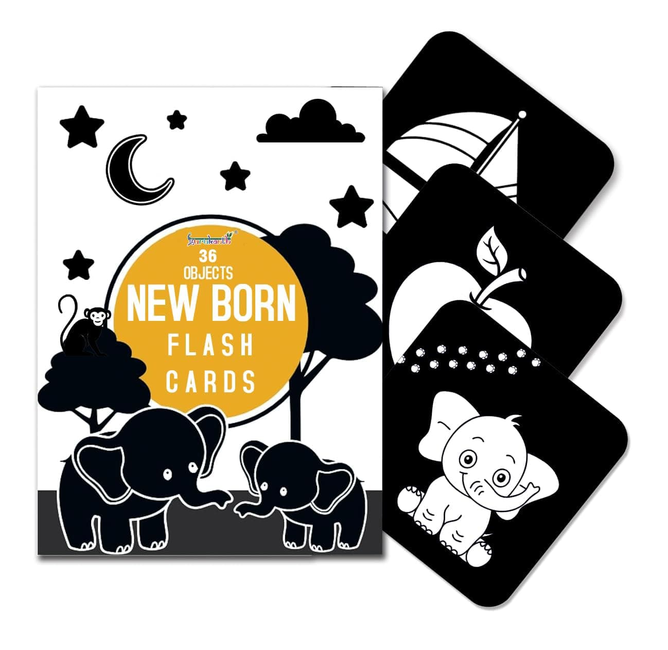 Gurukanth® Premium High Contrast Flash Cards for New Born Children -Educational Black & White 36 Objects | Visual Stimulation and Sensory Development for Infants | Montessori Sensory Card