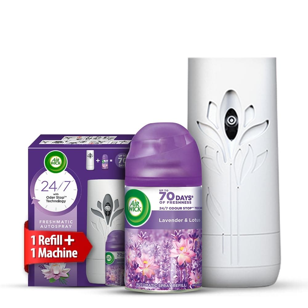 Air Wick 250 ml - Lavender & Lotus, Refill + Automatic Spray| Freshmatic Air Freshener Kit | 2600 Sprays Guaranteed | Automatic Room Freshener, Bathroom Freshener and Room Spray