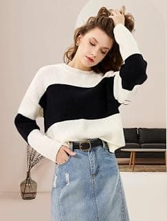 Generic Women's Striped Knit Sweater, Black and White Colour Block, Round Neck, Long Sleeve Pullover