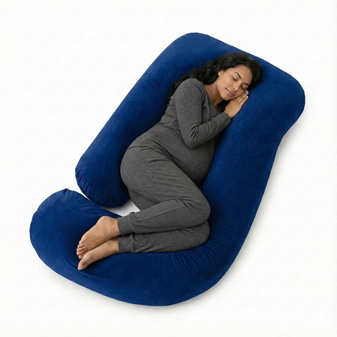 Amazon Basics Full Body Pregnancy Pillow for Maternity,Baby Nursing,Full Body Support-|Perfect Baby Shower Gift|J-Shaped-Washable Cover with Zip - Navy Blue, Velvet