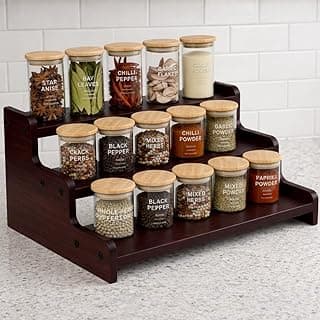 FireBees 3 Tier Wooden Spice Rack for Kitchen Countertop | Masala Organizer Rack Stand | Kitchen Shelf Organizer & Cabinet Shelf Riser | Wooden Kitchen Storage Stand | Dark Brown