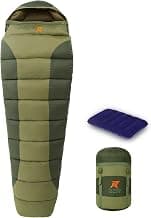 ROCKSPORT Alaska Mummy Sleeping Bag for Adult with Double Inner Liner & Air Pillow, Nylon Camping Sleep Bag with Lightweight Hollow Fiber Filling for Winter Season (Army Green) (-7°C to 0°C)