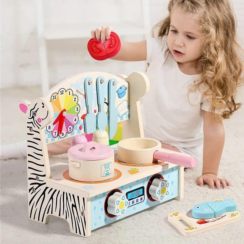 BLiSS HUES Wooden Play Kitchen Set for Kids – Pretend Play Cooking Set with Utensils, Pots, Pans, Spice Jars, Gas Stoves & Cooking Bench- Toy Kitchen Playset for Toddlers (Random Design)