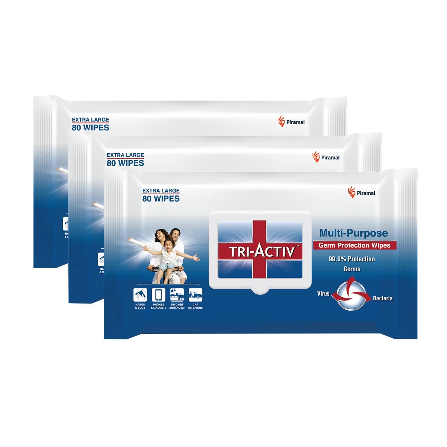 Tri-Activ Disinfecting and Sanitizing Multipurpose Germ Protection Wipes | 33% Extra Large 80 Wipes Lid pack| Pack of 3, White