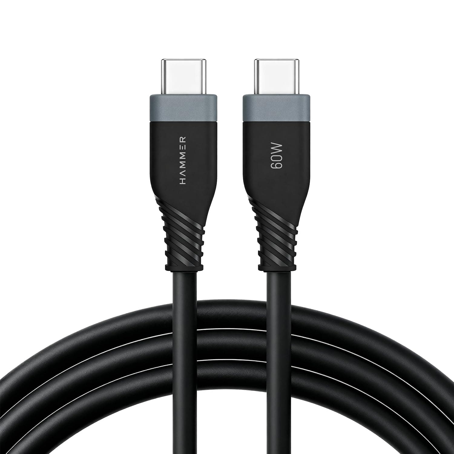 HAMMER Unbreakable Super Soft Silicone Fast Charging 60W Type-C to Type-C Cable (1.2m) – 480Mbps Data, Ultra Durable Tangle-Free, Pure Copper, iPhone/Samsung/Laptop Compatible – Black