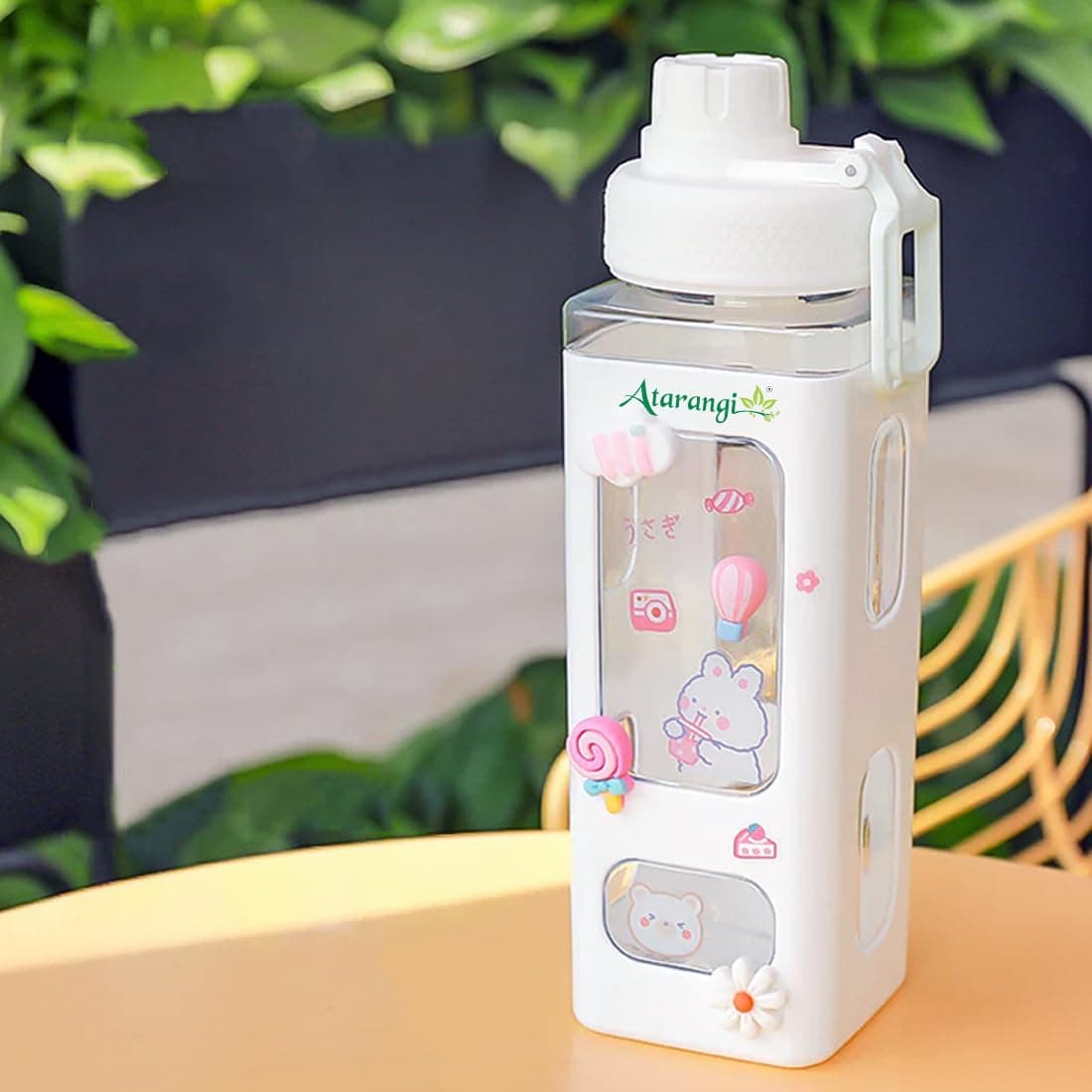 Atarangi Kawaii Water Bottle for Girls with Straw & Movable Handle | Leak-Proof BPA-Free Cute Plastic Bottle with 2D & 3D Stickers | Stylish School & Travel Bottle for Kids