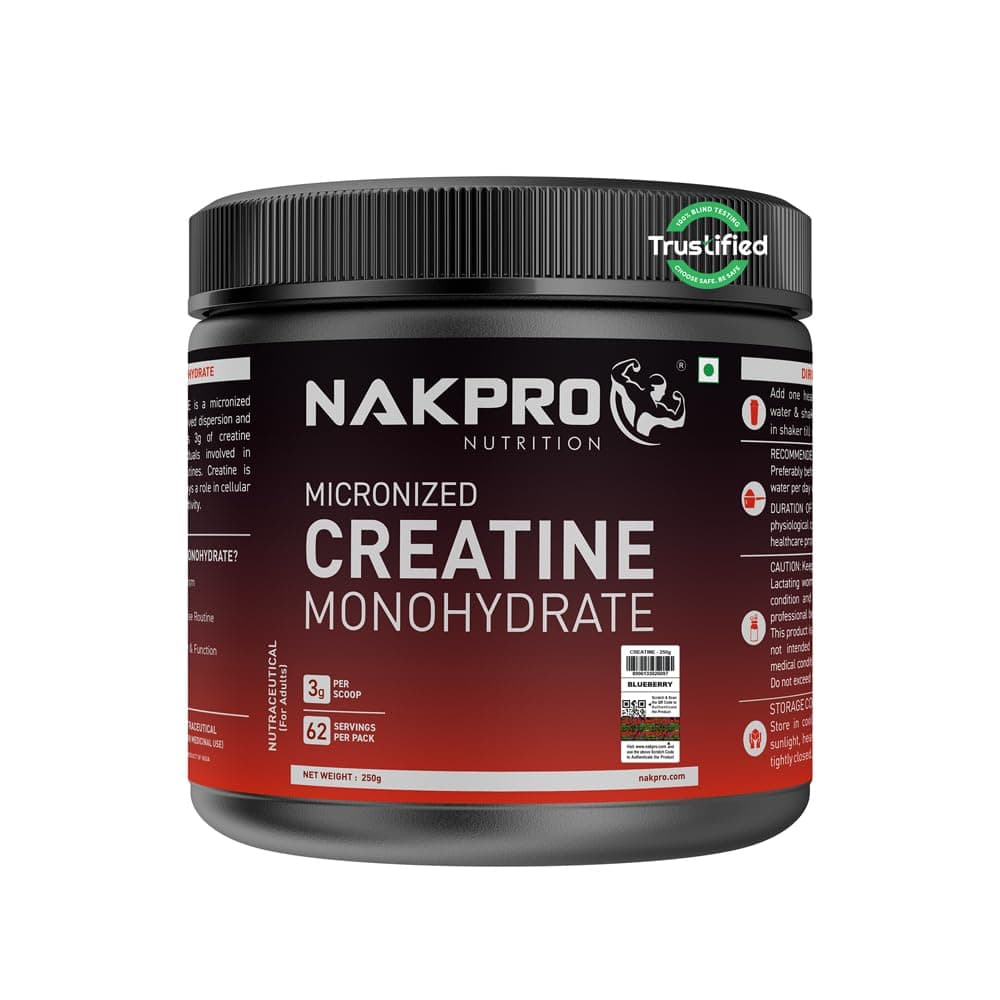 NAKPRO NUTRITION Micronised Creatine Monohydrate | 250g Jar | Blueberry | 3g Creatine/Per Serving | Trustified Certified | Rapid Absorption Pre/Post Workout