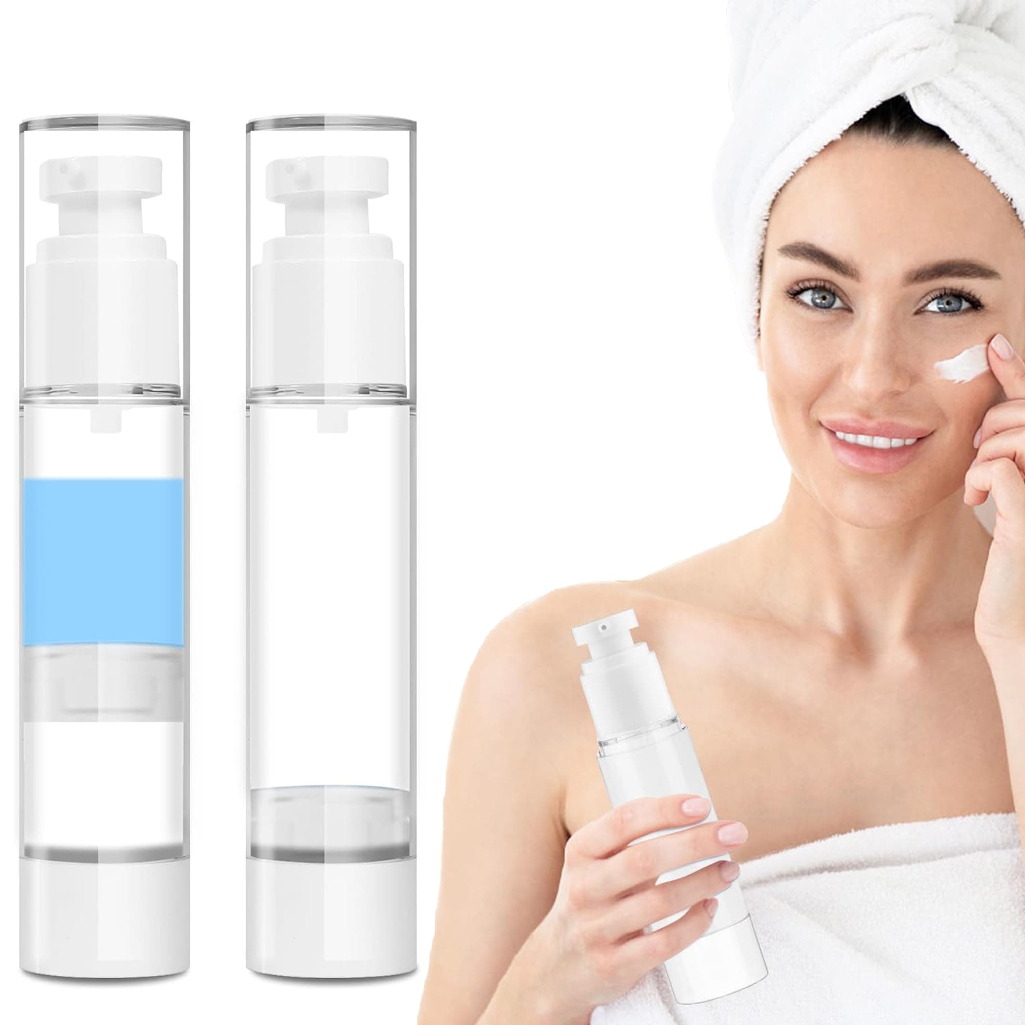 Bonzella Airless Pump Jars 50ML Travel Bottles for Toiletries Pack of 2, Empty Refillable Cosmetic Bottles, Leak Proof Acrylic Vacuum Cream Dispenser for Foundation, Lotion and Face Cream