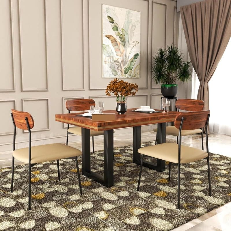 HITHOS Viana Solid Wood 4 Seater Dining Table Set with Four Cushion Chairs and Dinner Table for Dinning Room Home Hotel and Office (Honey-Cream Cushion)
