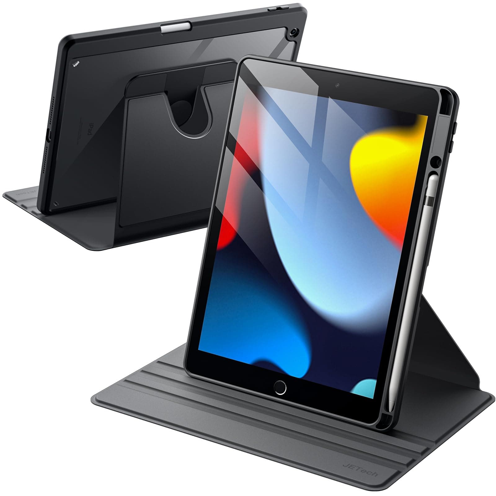 JETech 360° Rotating Case for iPad 9th/8th/7th Gen 10.2", Black | Multi-Angle Stand Cover, Clear Back Design, Auto Wake/Sleep, Pencil Holder, Full Protection