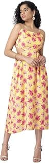 FabAlley Women's Satin Yellow Floral Cut Out Back Midi Dress