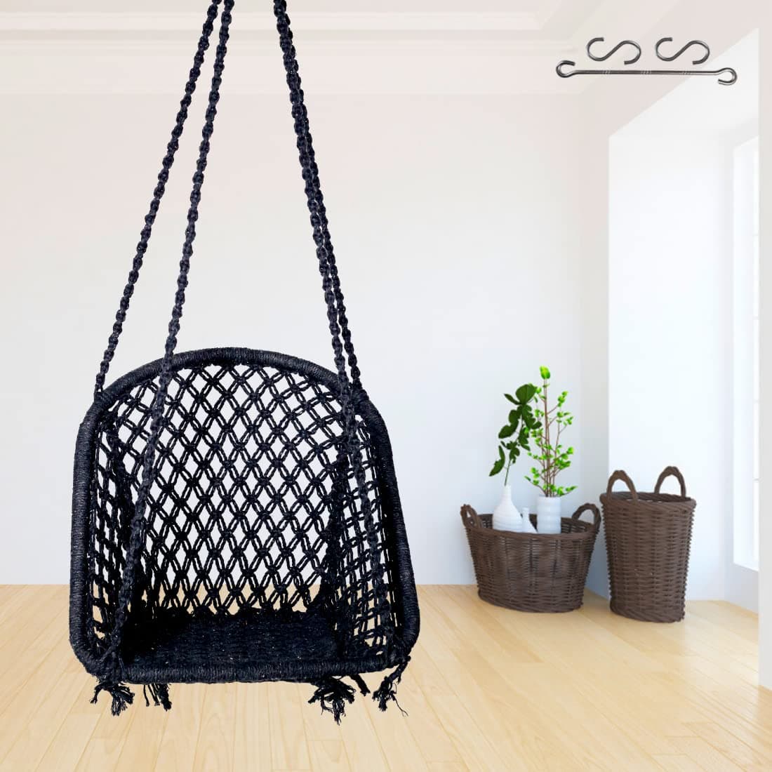 Patiofy Cotton D Shape Wooden Swing/Swing For Adults & Kids/Swing For Balcony/Swing Chair For Adults For Home/Jhula For Garden/Includes Hanging Kit (Black) - 20 X 20 X 2.5099999999999998 Cm
