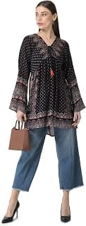 Floral Embroidered Black Tunic Fit and Flare Casual Stylish Blouse Top for Women
