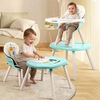 R for Rabbit Cherry Berry Tusky High Chair for Baby, 3-in-1 Convertible Kids Feeding Chair Compact Fold, Dual Meal Trays, Travel Friendly, BPA Free Anti-Slip Seat, 6 Months to 7 Years Kids (Green Cream)