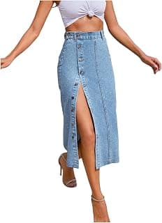 Aahwan Blue Midi Denim Pencil Front Button Side Slit Skirt for Women's & Girl's