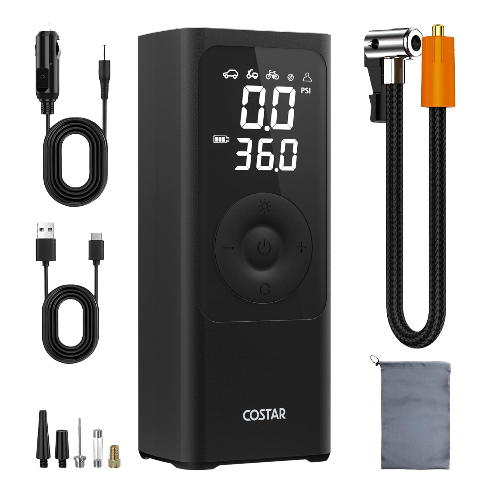 COSTAR Dual Mode (6000mAh Battery & 12V DC Cord) Air Pump for Car Tyre, Digital Tyre Inflator for Car and Bike with 150 PSI, Cordless Car Air Pump, Auto Cut-Off, Multiple Nozzles