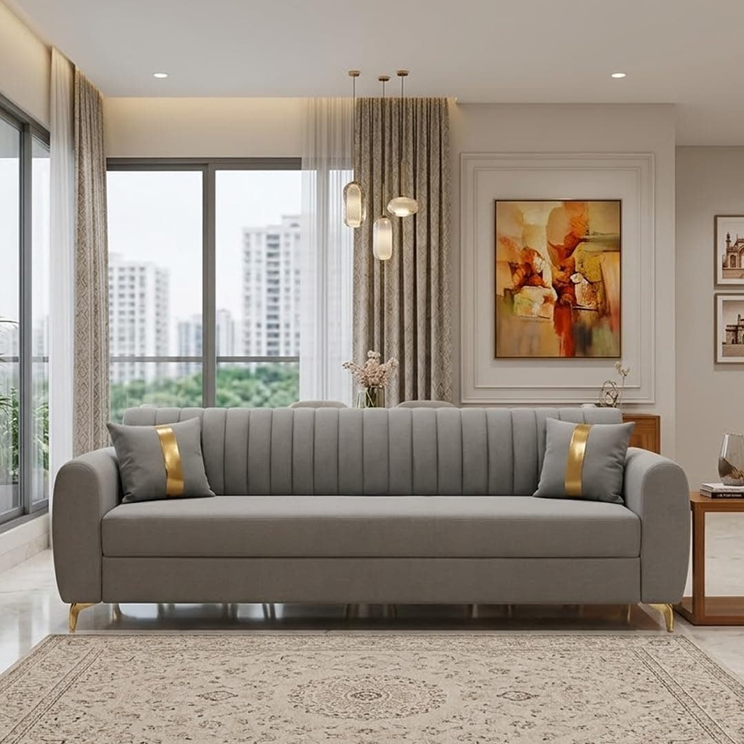 FURNY Signature Velure 3 Seater Sofa Set | Boston Fabric | 40D Foam + Zigzag Spring | 3-Yr Warranty (Light Grey)