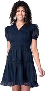 FabAlley Women's Georgette Navy Frill Sleeve Trim Wrap Dress Mini Western