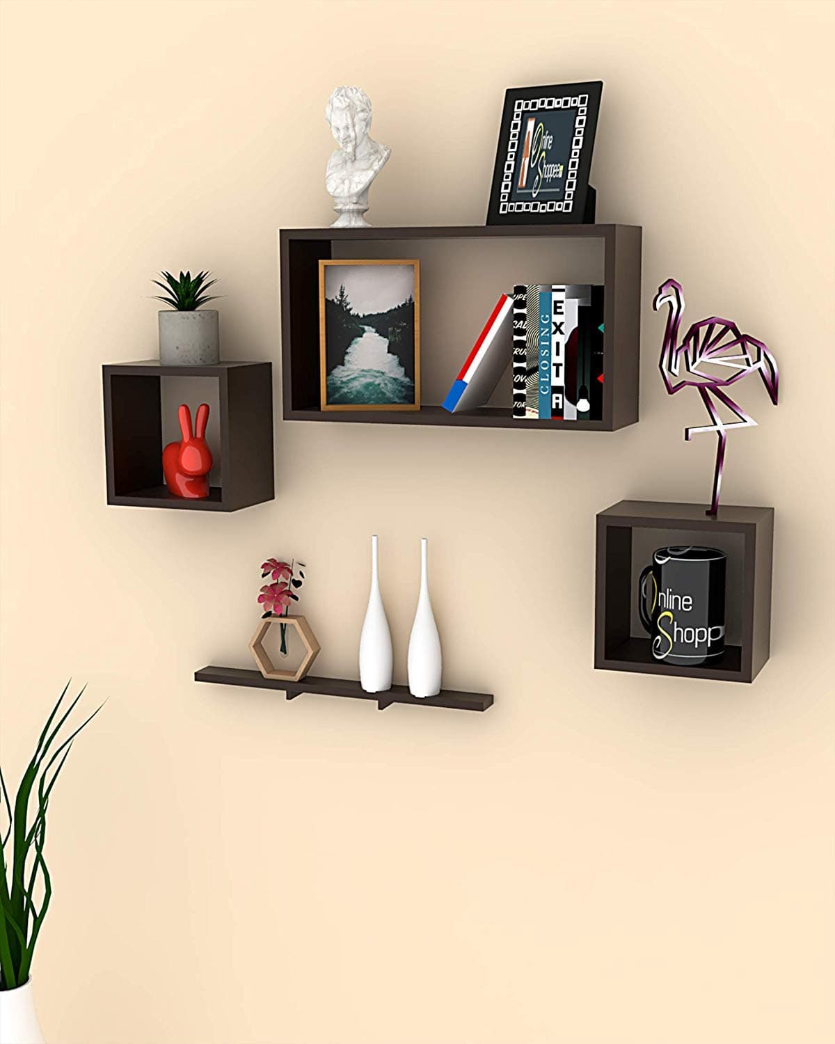 Onlineshoppee Wood Rafuf Floating Wall Shelf with 4 Shelves (Brown)
