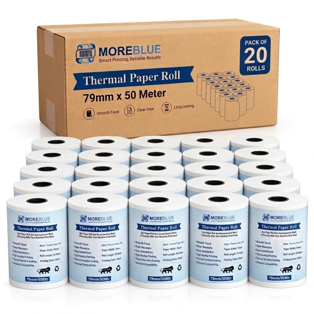 MOREBLUE® 3 Inch Thermal Paper Rolls (79mm x 50m, 55 GSM) | Ink-Free, BPA-Free Receipt Paper for POS Machine, Billing Machine & Credit Card Machine Pack 20