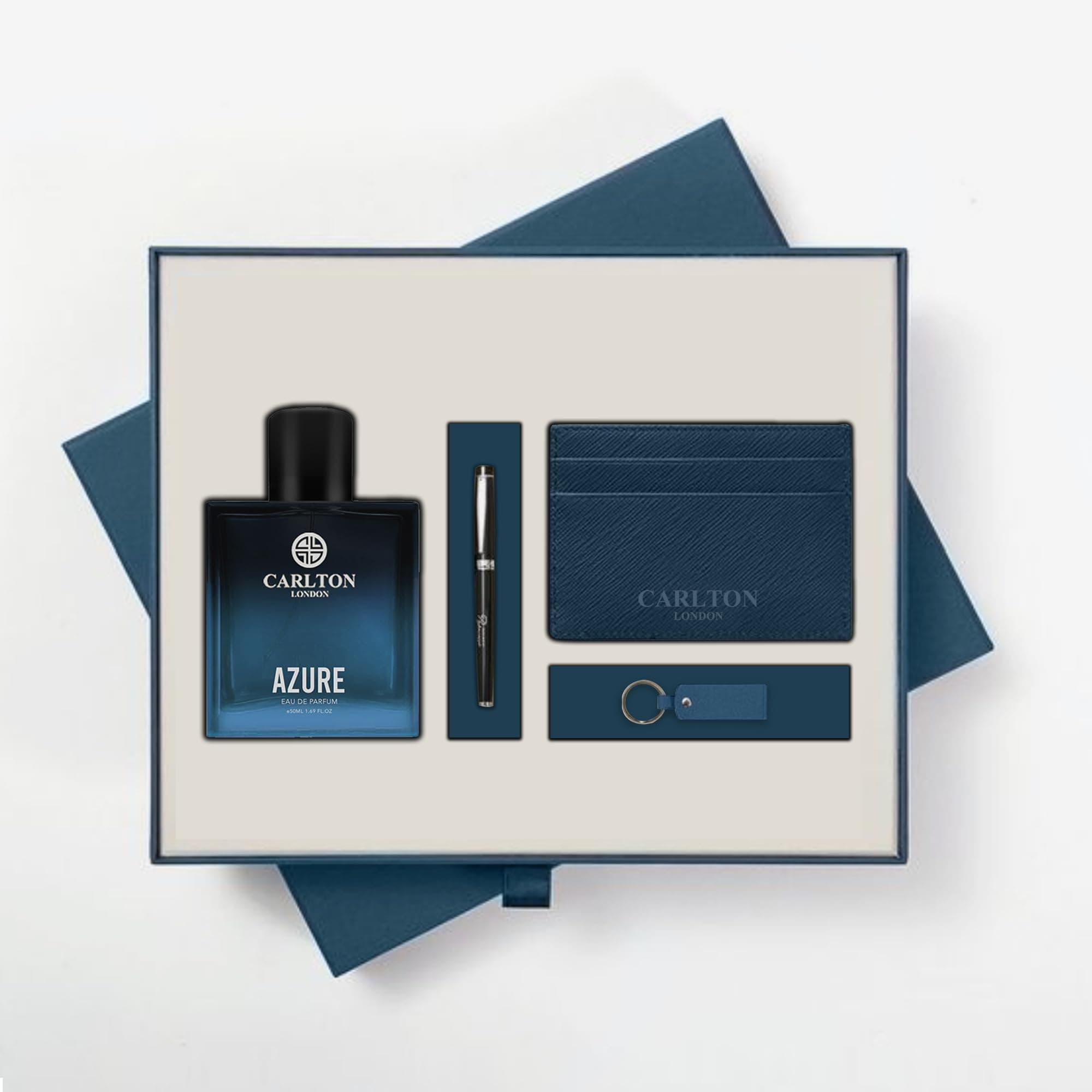 Carlton London Men's Azure Perfume Gift Set 50ml Perfume Key Chain Card Holder Pen Blue